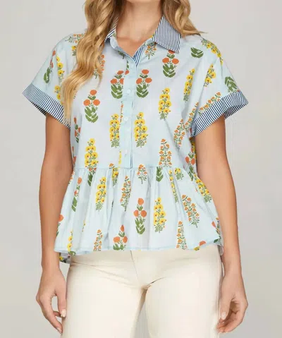 She + Sky Drop Shoulder Button Down Printed Top In Light Blue