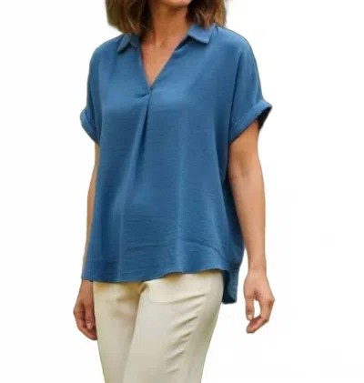 She + Sky Drop Shoulder Collared Woven Top In Dusty Blue In Multi