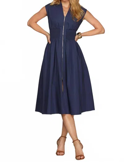 She + Sky Drop Shoulder Front Zip Midi Dress In Navy In Blue