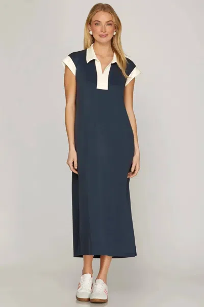 She + Sky Drop Shoulder Midi Dress In Navy In Blue
