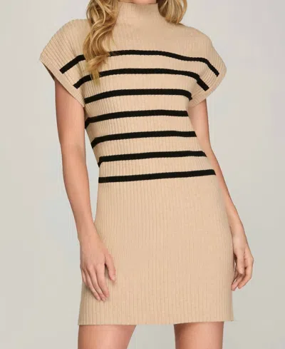 She + Sky Drop Shoulder Mock Neck Stripe Sweater Dress In Taupe In Grey