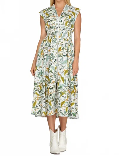 She + Sky Drop Shoulder Smocked Front Zip Dress In Beige Multi In Neutral