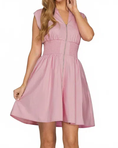 She + Sky Drop Shoulder Smocked Waist Mini Dress In Pink
