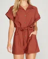 She + Sky Drop Shoulder Woven Twill Romper With Pockets In Rust In Multi