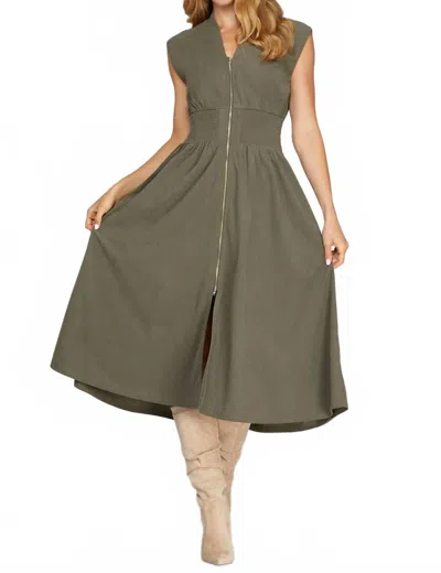 She + Sky Drop Shoulder Zip Midi Dress In Olive In Green