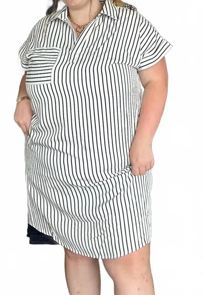 She + Sky Drop Sleeve Striped Woven Shirt Mini Dress With Pockets - Plus In Off White In Multi