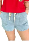 She + Sky Washed Denim Shorts With Elastic Waist Band And Pockets In Denim Blue In Blue