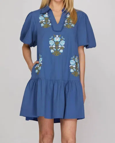 She + Sky Embroidered Collar V-neck Dress In Blue In Multi