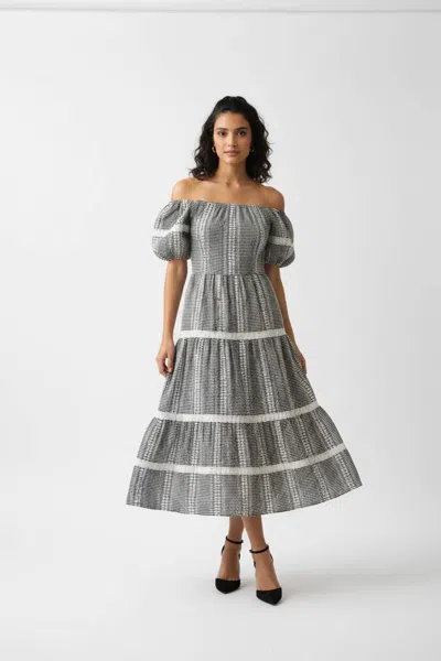 She + Sky Embroidered Gingham Tiered Midi Dress In Black In Gray