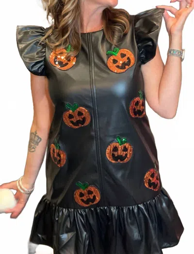 She + Sky Faux Leather Ruffle Sleeve Mini Dress With Pumpkin Detail In Black In Multi