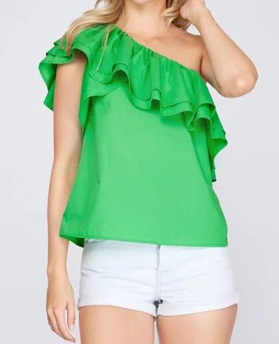 She + Sky Flirty Looks Ruffle One Shoulder Top In Green