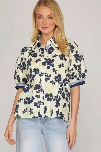 She + Sky Floral Button Down Blouse In Navy In Multi