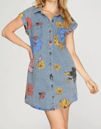 She + Sky Floral Print Denim Shirt Dress In Blue Denim