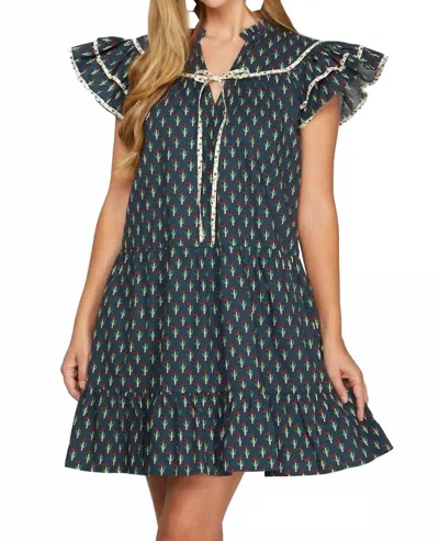 She + Sky Floral Print Ruffle Sleeve Mini Dress In Blue