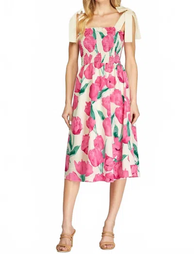 She + Sky Floral Print Smocked Midi Dress In Pink/ivory In Multi
