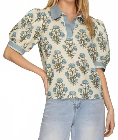She + Sky Floral Printed Collar Short Sleeve Blouse In Blue