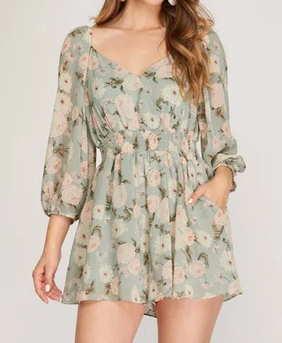 She + Sky Floral Romper With Smocked Waist In Green