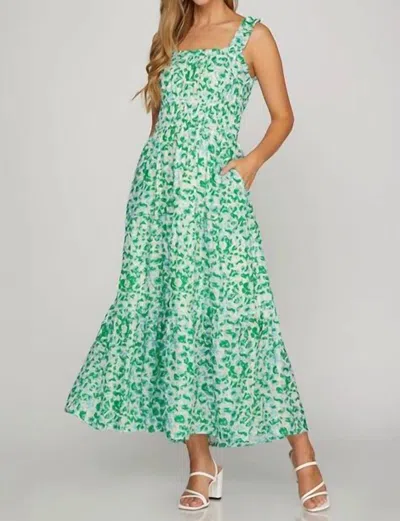 She + Sky Floral Tiered Midi Dress With Ruffled Straps In Green/white