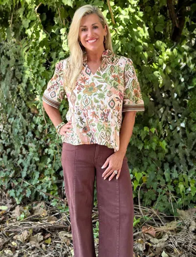 She + Sky Floral Woven Print Top In Beige In White
