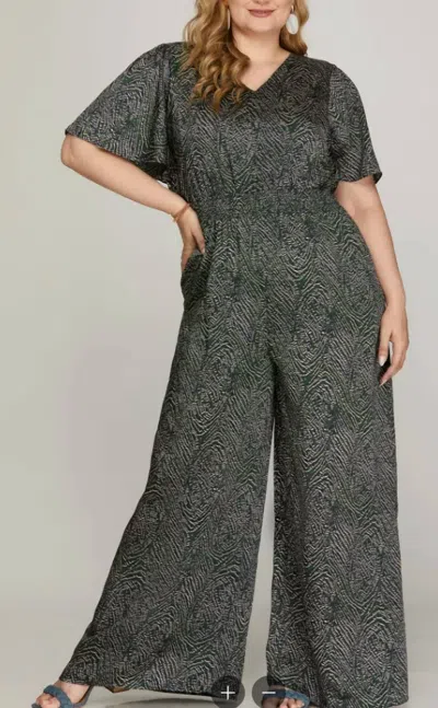 She + Sky Flounce Sleeves Wide Leg Jumpsuit - Plus In Grey In Multi