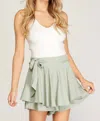 She + Sky Flounce Woven Skort With Waist Tie In Sage In Multi
