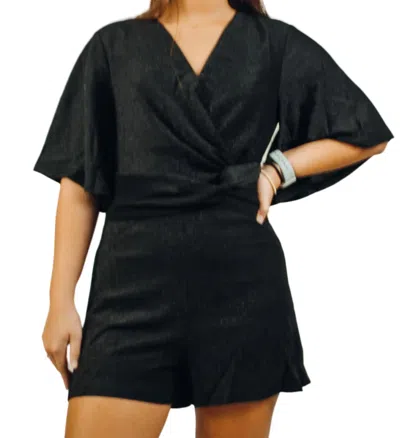 SHE + SKY FLUTTER SLEEVE ROMPER IN BLACK/SILVER