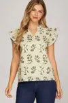 She + Sky Flutter Sleeve Top In Sage In Multi