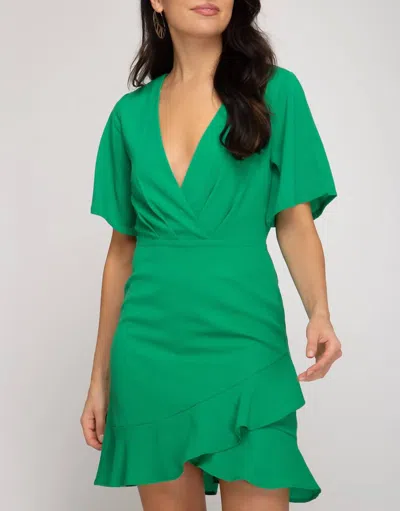She + Sky Flutter Sleeve Woven Dress In Green In Multi
