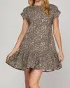 She + Sky Folded Cuff Drop Sleeve Woven Twill Washed Leopard Print Dress In Mocha In Brown