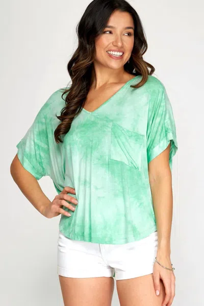 She + Sky Folded Drop Shoulder V-neck Tie Dyed Top In Light Green