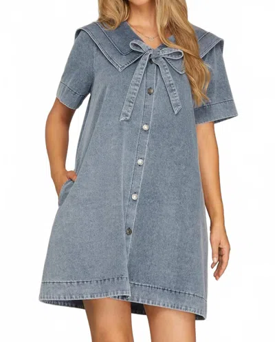 She + Sky Front Bow Denim Mini Dress In Blue