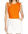 She + Sky Game Day Ruffle Sleeve Cable Sweater Top With Contrast Edge In Orange In Orange