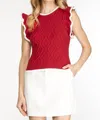 She + Sky Game Day Ruffle Sleeve Cable Sweater Top With Contrast Edge In Red In Red