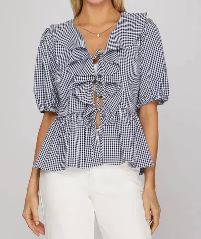 She + Sky Gingham Grace Top In Navy In Blue