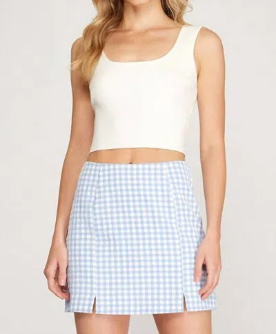 She + Sky Gingham Mini Skirt With Front Slit In Blue?white