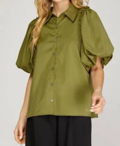 She + Sky Half Bubble Sleeve Top In Olive In Green