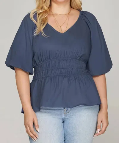 She + Sky Half Bubble Sleeve V-neck Woven Top In Navy In Animal Print