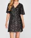 She + Sky Half Flutter Sleeve Sequin Wrap Dress In Black In Black