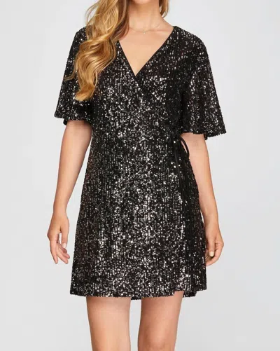 She + Sky Half Flutter Sleeve Sequin Wrap Dress In Black