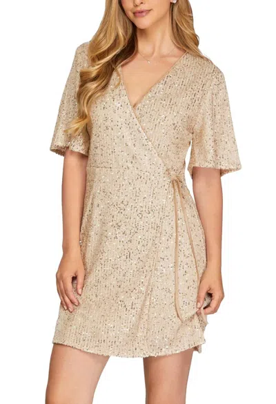 She + Sky Half Flutter Sleeve Sequin Wrap Dress In Light Gold In Brown