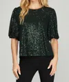 She + Sky Half Puff Sleeve Sequin Top In Dark Green In Green