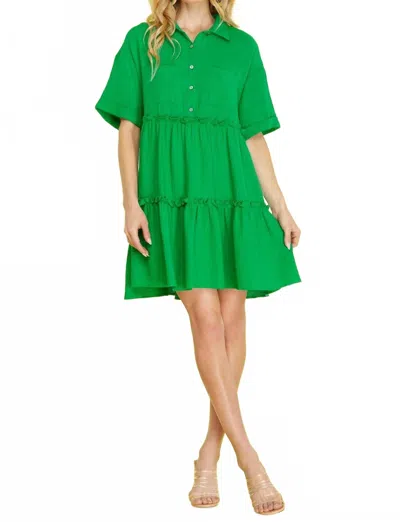 She + Sky Half Sleeve Button Down Collared Tiered Gauze Dress In Green