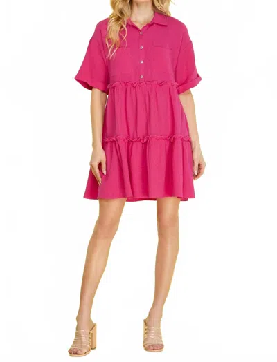 She + Sky Half Sleeve Button Down Collared Tiered Gauze Dress In Hot Pink