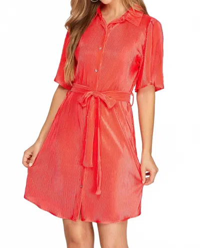 She + Sky Half Sleeve Plisse Woven Button Down Dress With Waist Sash In Coral In Purple