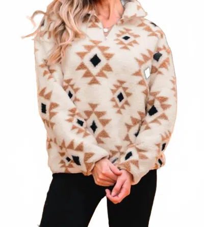 She + Sky Half Zip Printed Teddy Pullover Sweatshirt In Khaki Aztec In Neutral