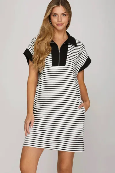 She + Sky Half-zip Stripe Collar Mini Dress In Black/white In Multi