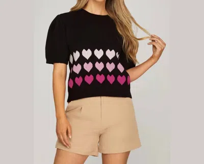 She + Sky Heart Puff Sleeve Sweater In Black