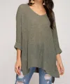 She + Sky Hi Low Knit Sweater In Lt Olive In Multi