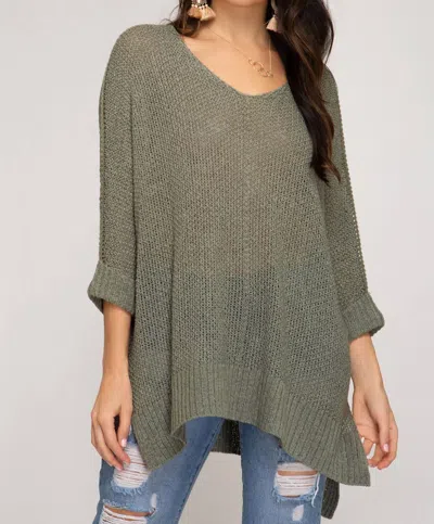 She + Sky Hi Low Knit Sweater In Lt Olive In Multi