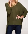 She + Sky Hi Low Knit Sweater In Olive In Green